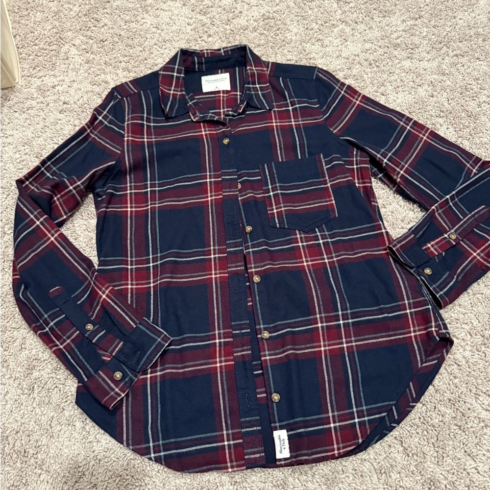 Abercrombie & Fitch Women’s Navy and Burgundy Plaid Button-Down Shirt, Size Med